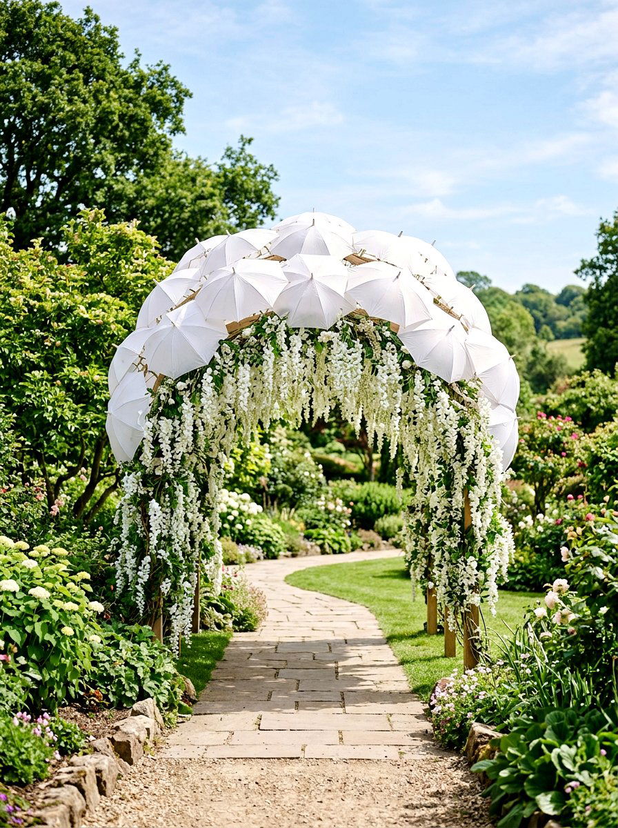 Wedding Style Umbrella Arch - 25 Spring Umbrella Decor Ideas