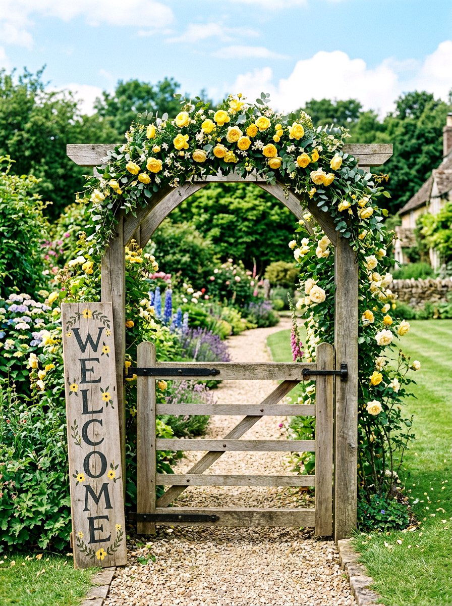 Welcome Floral Gate Sign - 25 Spring Wooden Gate Decor Ideas