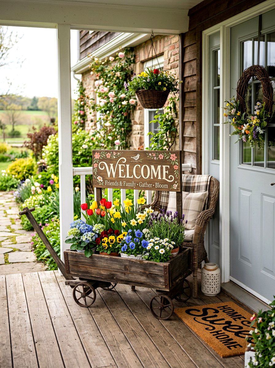 Welcome Sign Wagon - 25 Spring Porch Wagon Decor Ideas