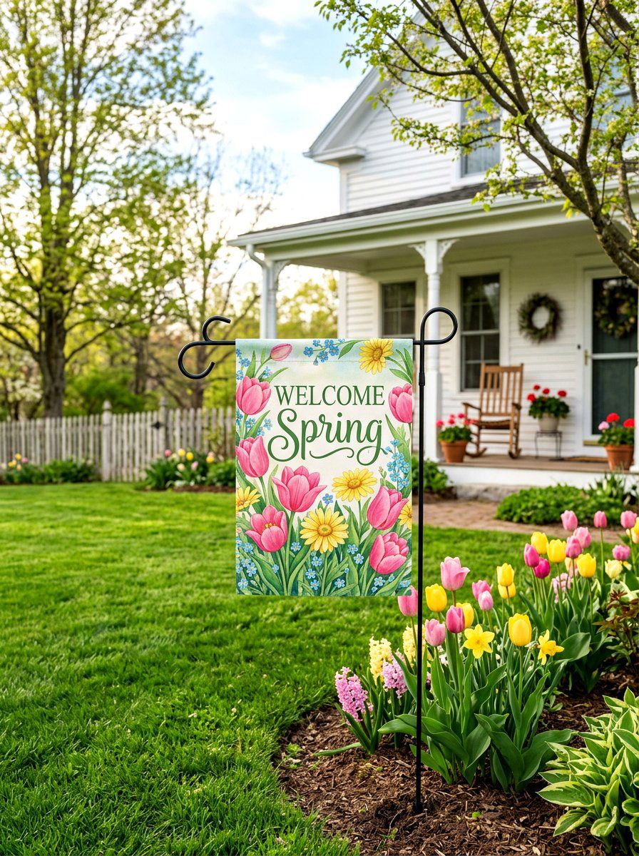 Welcome Spring Floral Flag - 25 Spring Garden Flag Ideas