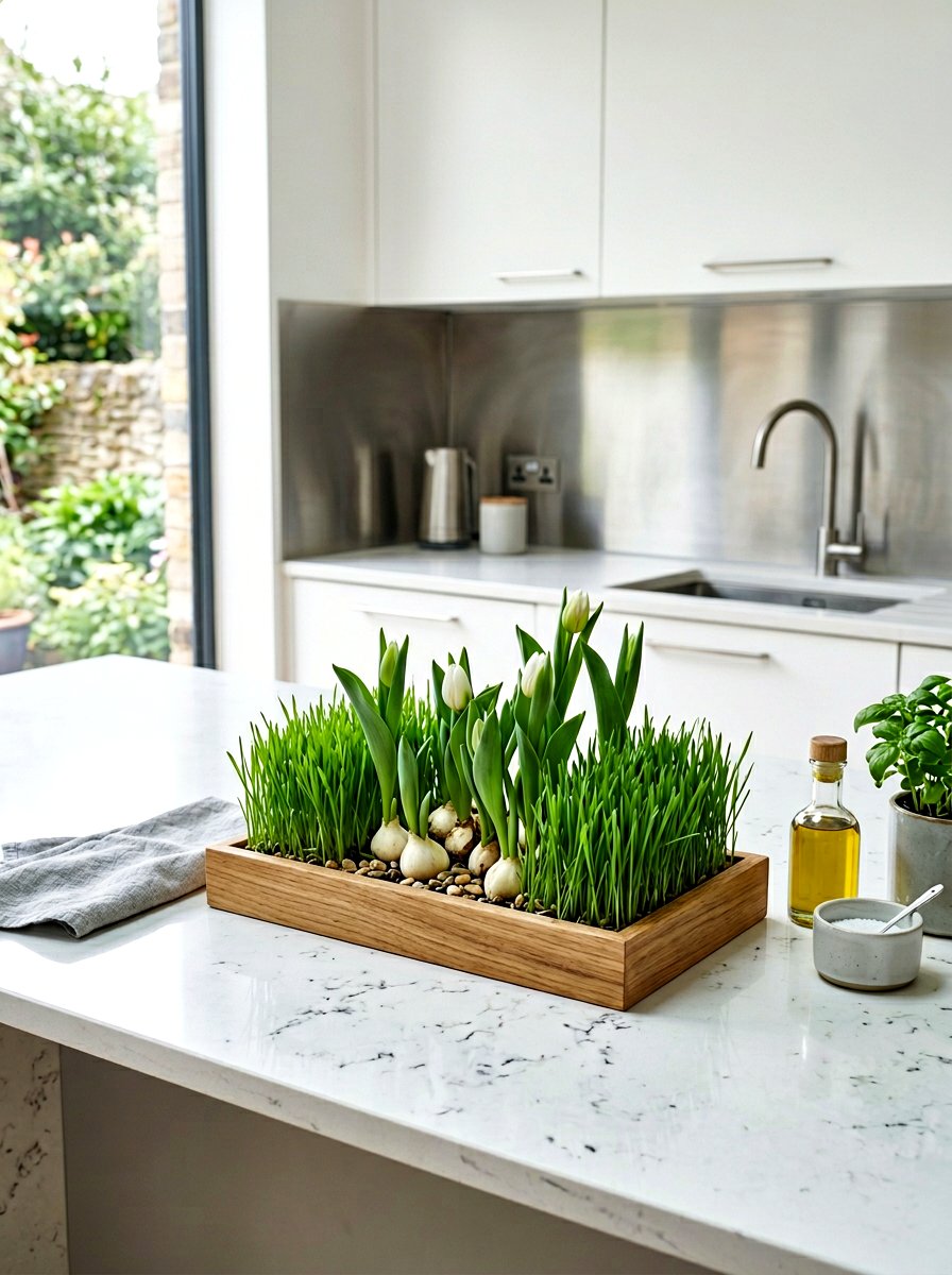 Wheatgrass And Tulip Bulb Tray - 25 Spring Kitchen Centerpiece Ideas