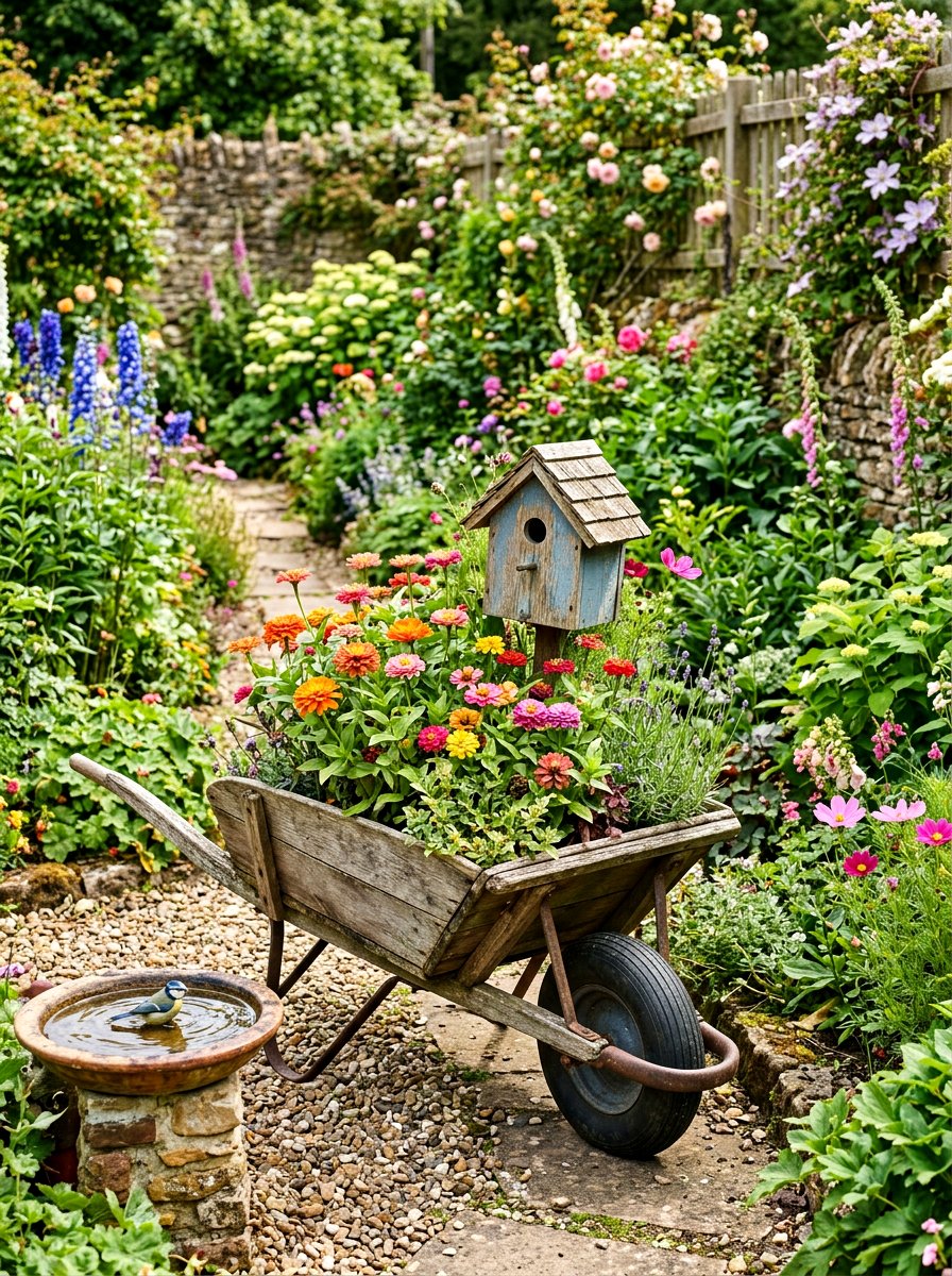 Wheelbarrow With Birdhouse And Flowers - 25 Spring Wheelbarrow Decor Ideas
