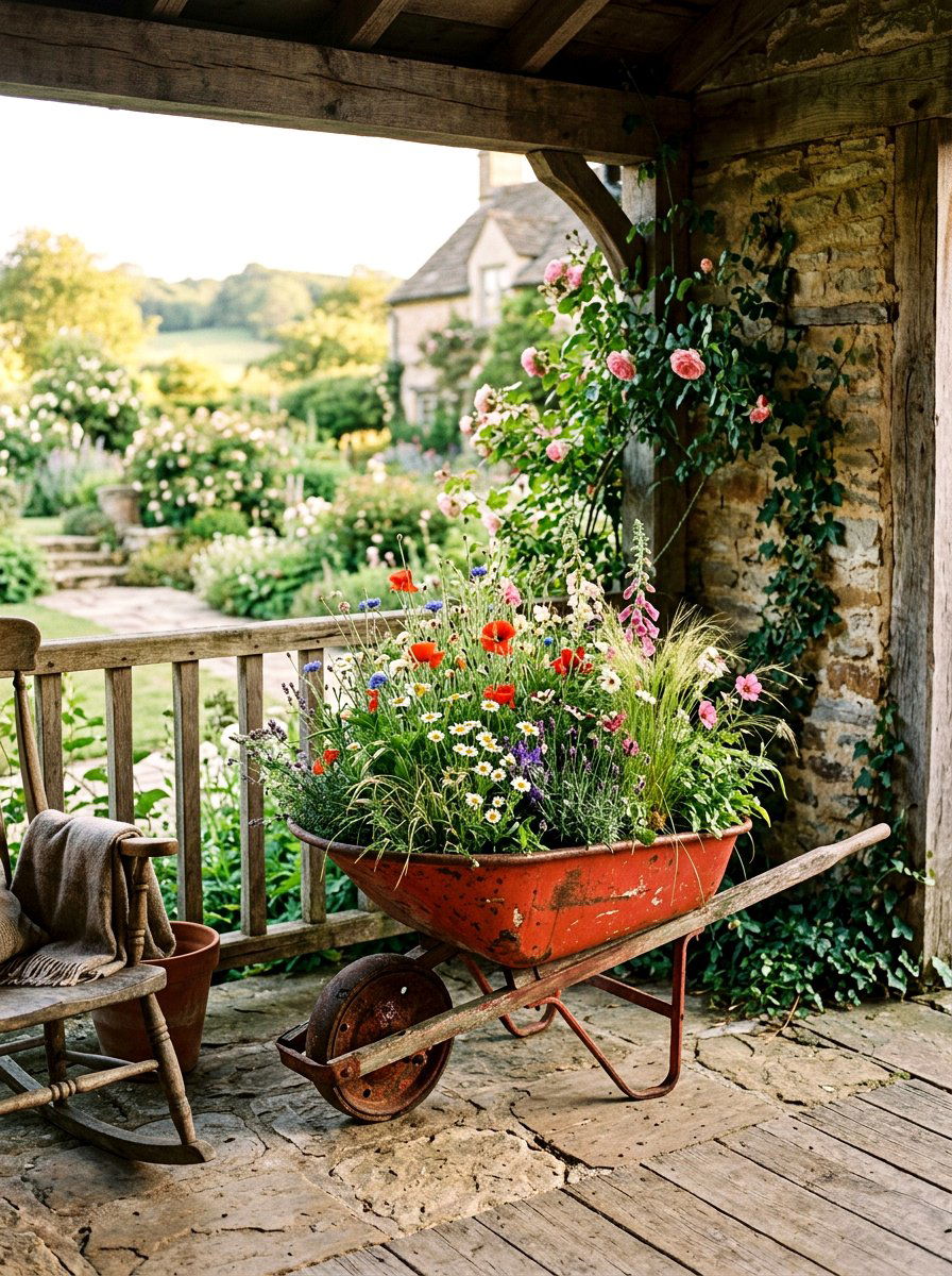 Wheelbarrow garden planter - 25 Spring Planter Ideas for Front Porch
