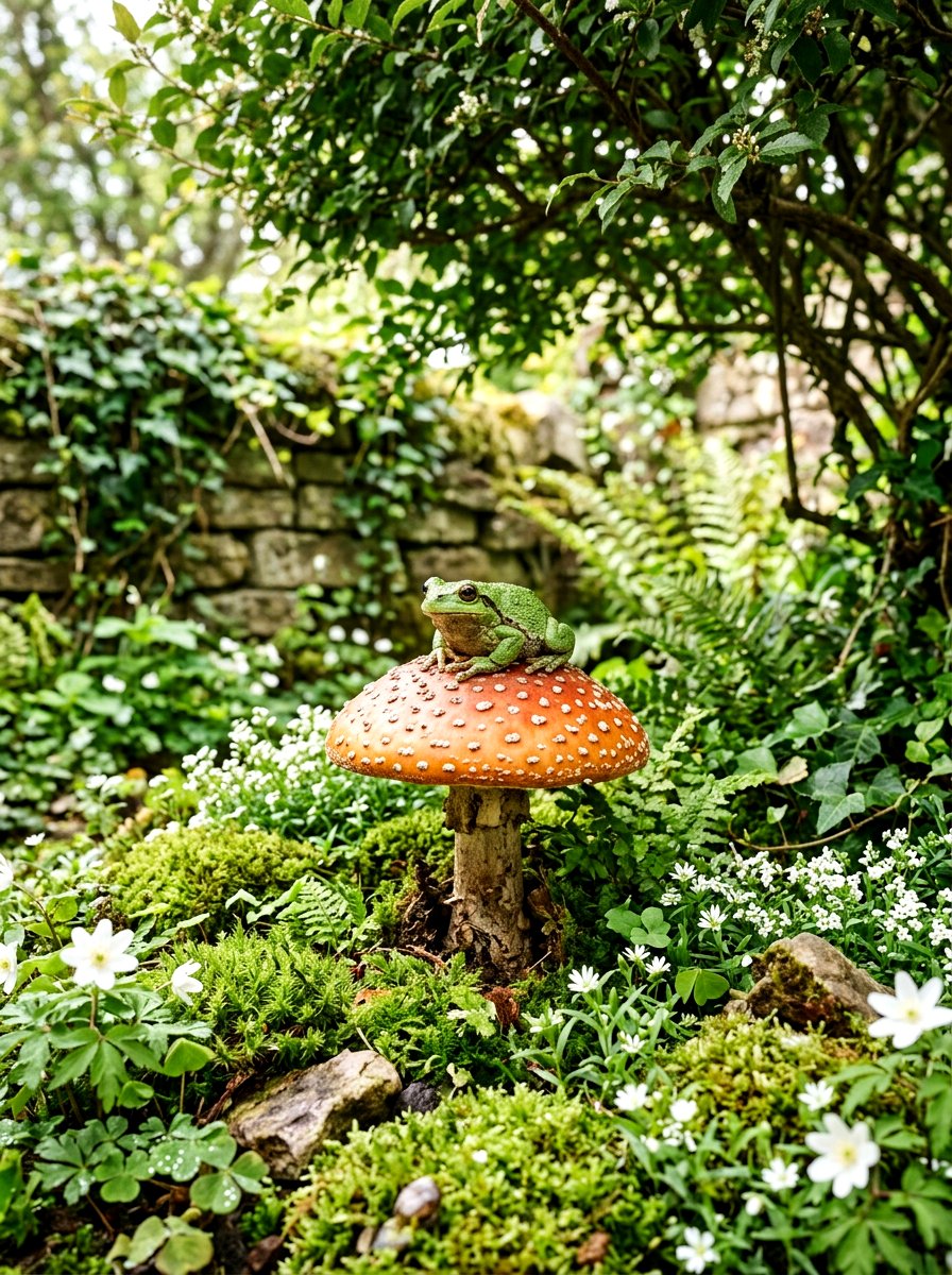 Whimsical Frog on Toadstool - 25 Spring Frog Garden Decor Ideas