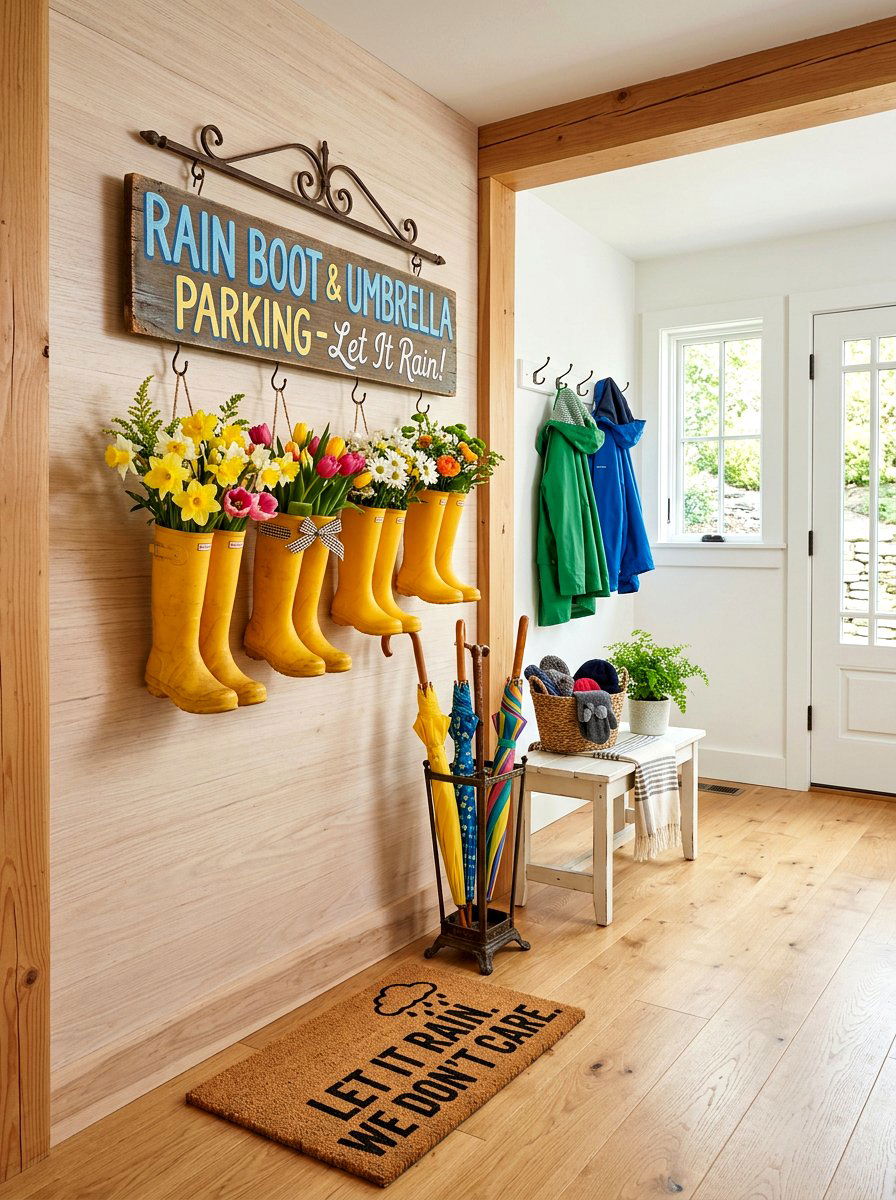 Whimsical rain boot sign - 25 Spring Porch Sign Ideas
