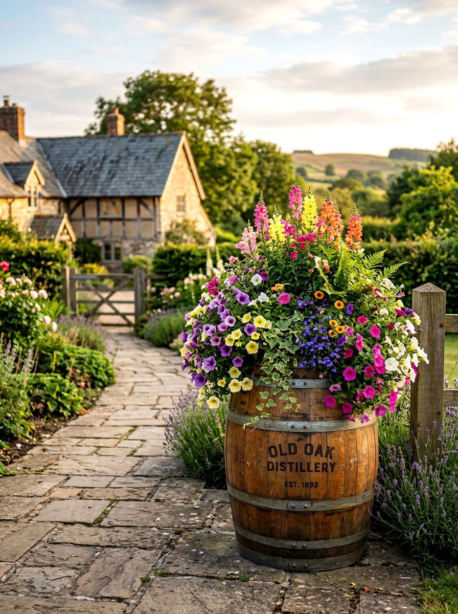 Whiskey Barrel Flower Planter - 25 Spring DIY Planter Ideas