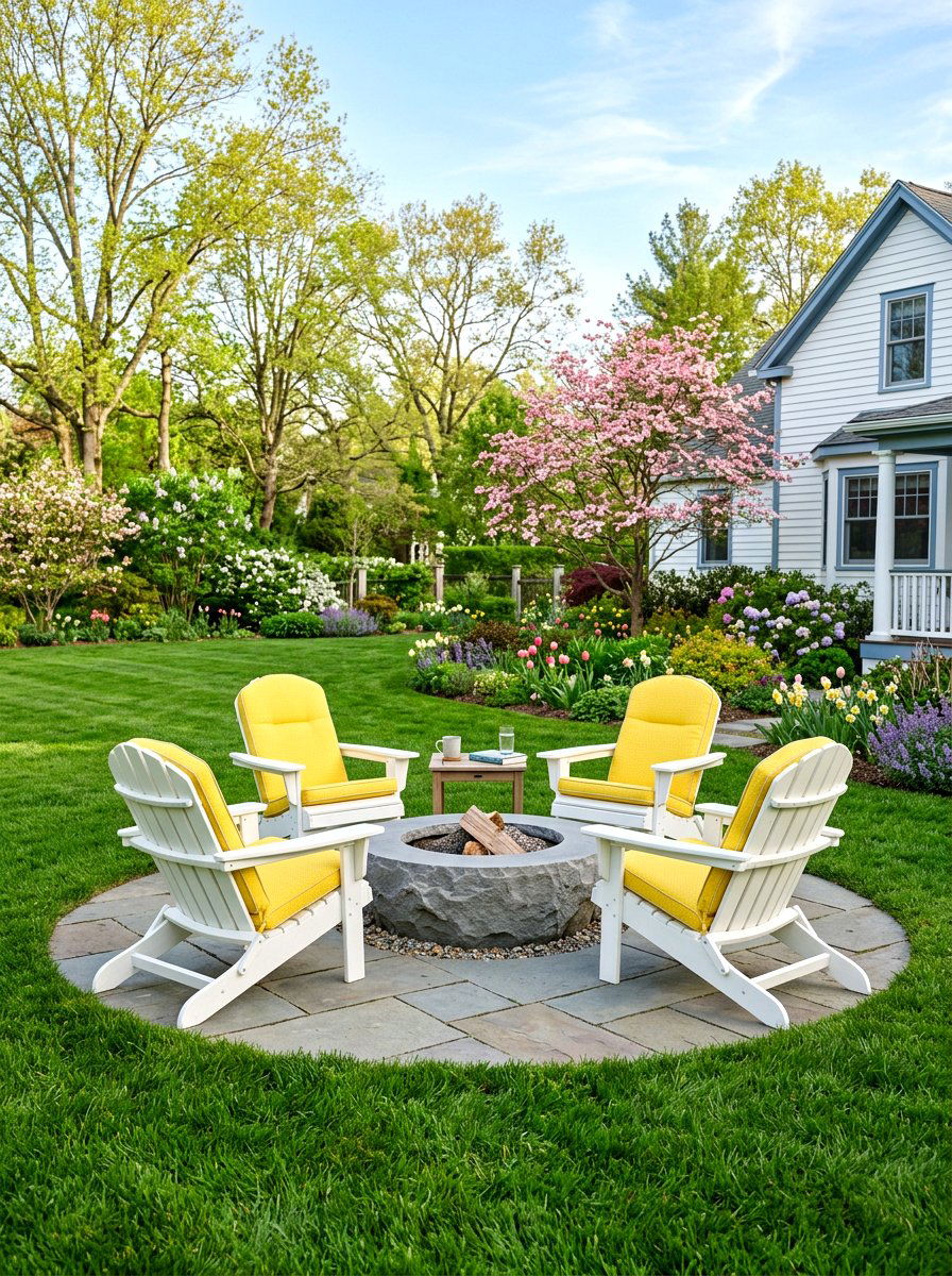 White Adirondack Chairs For Spring - 25 Spring Fire Pit Area Decor Ideas