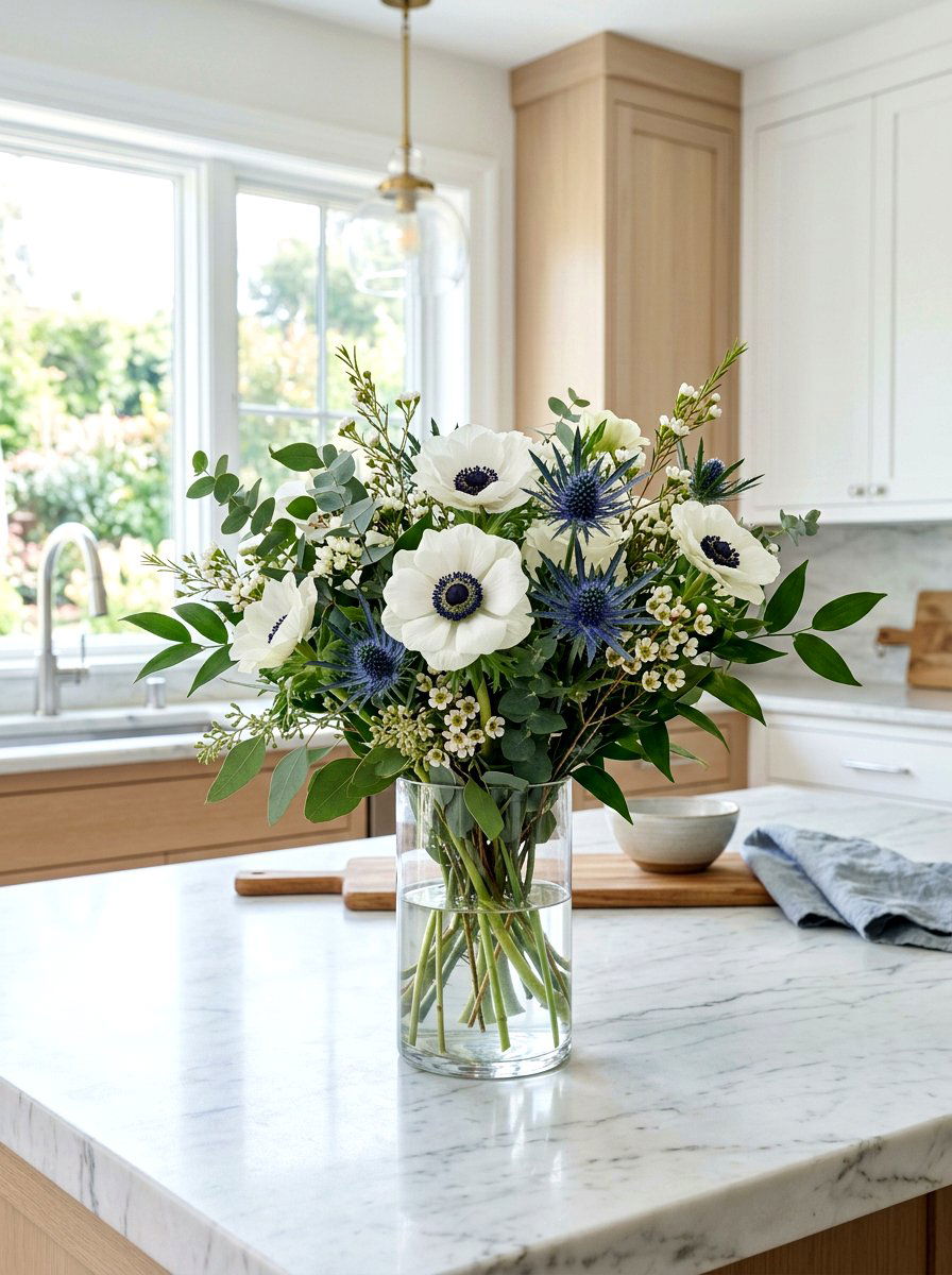 White Anemone Blue Thistle Bouquet - 25 Spring Anemone Arrangement Ideas