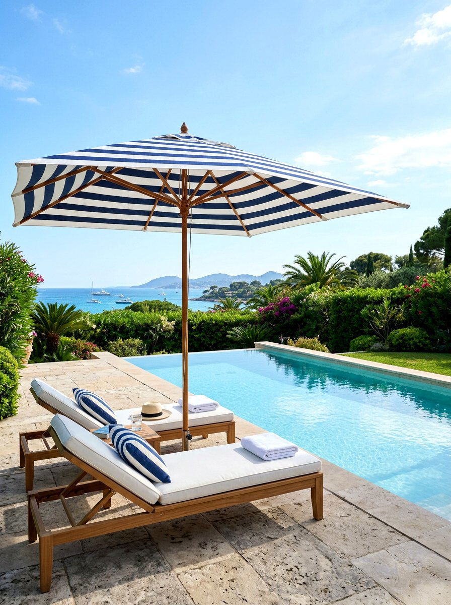 White Cabana Stripe Umbrella - 25 Spring Pool Area Decor Ideas