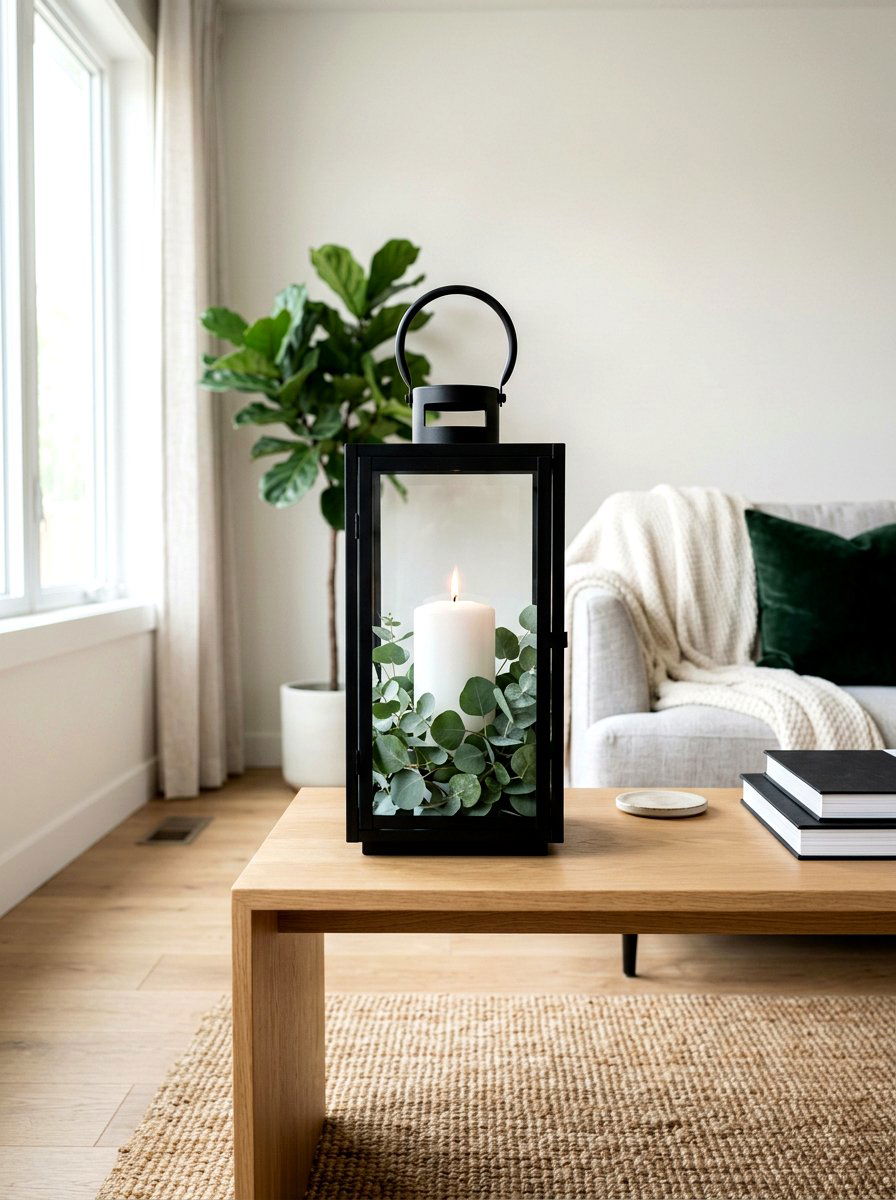 White Candles And Eucalyptus - 25 Spring Lantern Filler Ideas