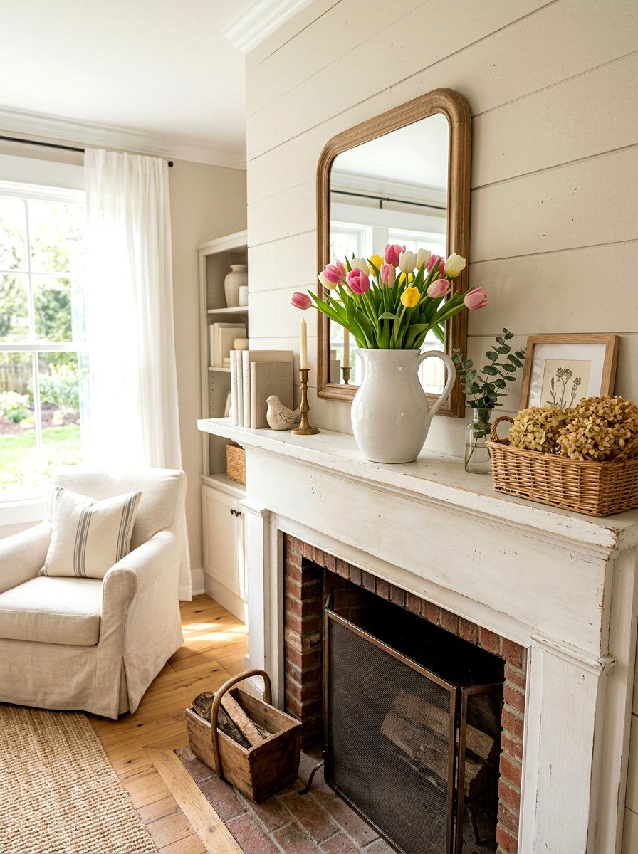White Ceramic Pitcher - 25 Spring Living Room Mantel Ideas