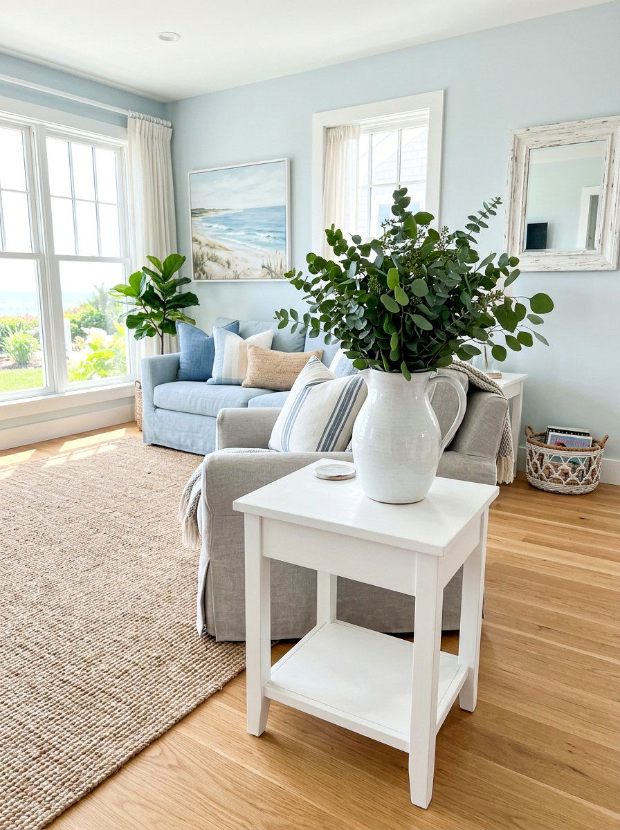 White Ceramic Pitcher With Greenery - 25 Spring End Table Decor Ideas