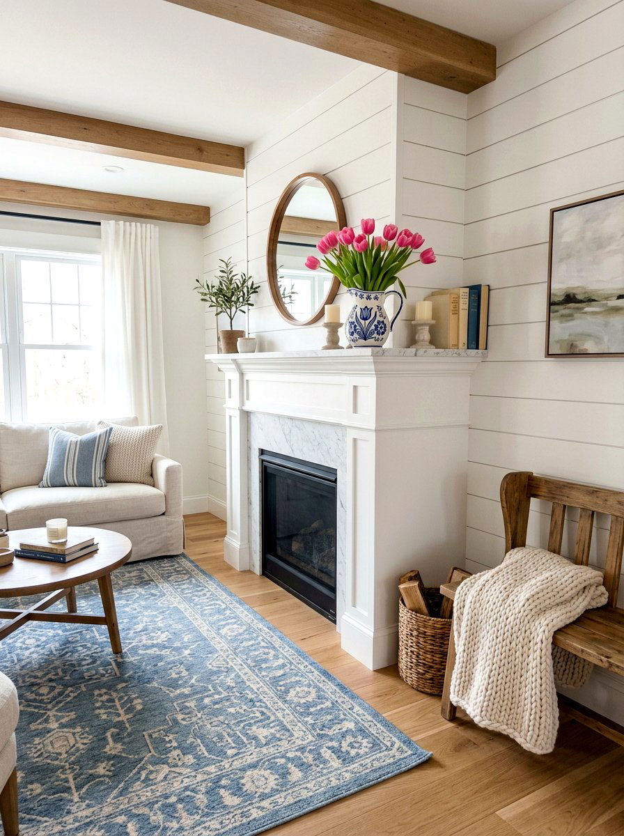 White Ceramic Pitcher With Tulips - 25 Spring Modern Mantel Ideas