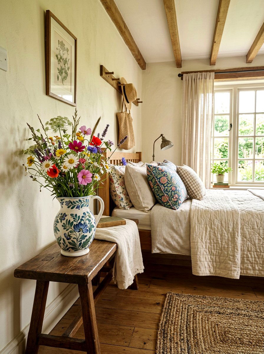 White Ceramic Pitcher With Wildflowers - 25 Spring Bedroom Vase Ideas