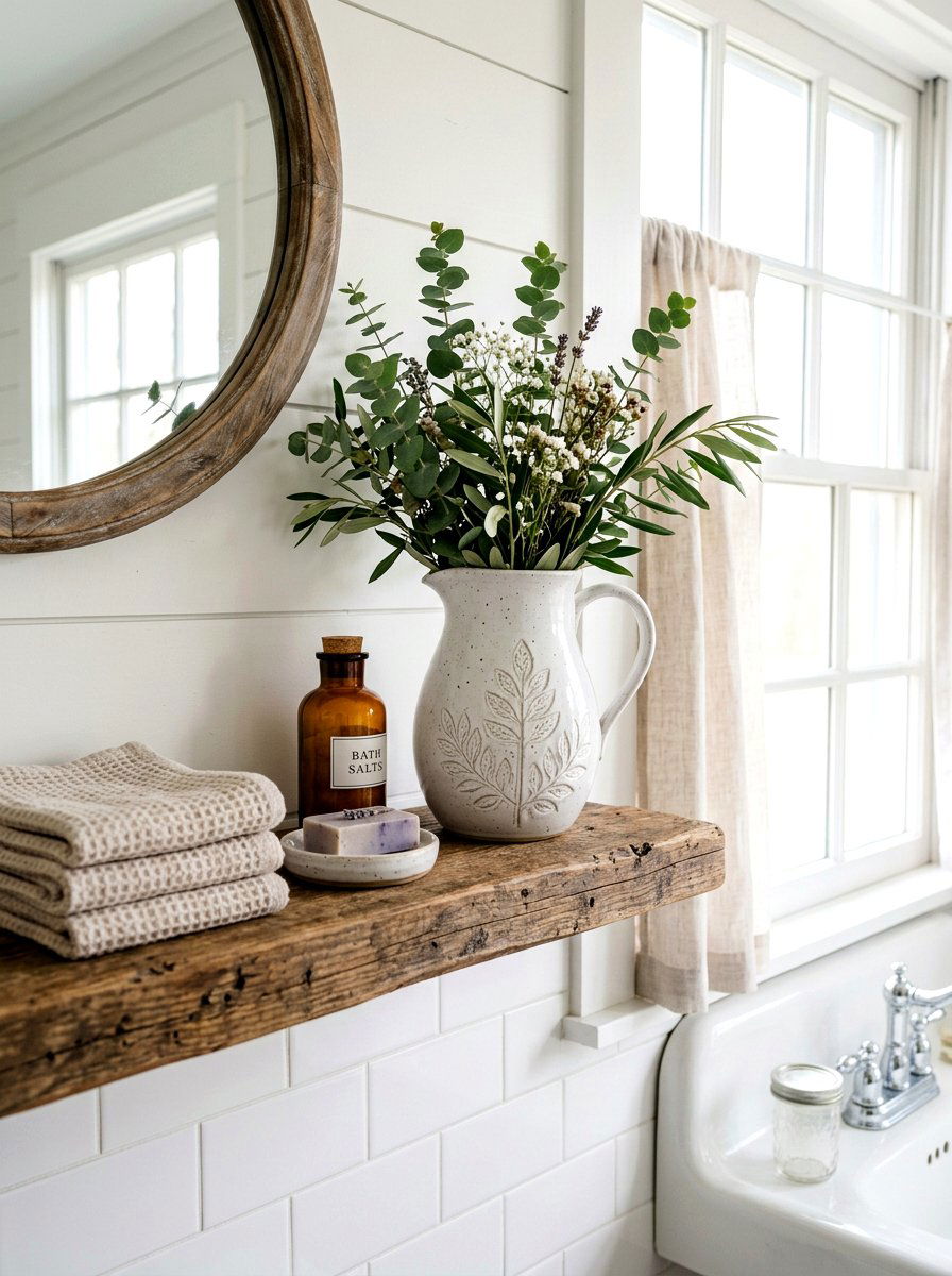 White Ceramic Pitcher - 25 Spring Bathroom Shelf Decor Ideas