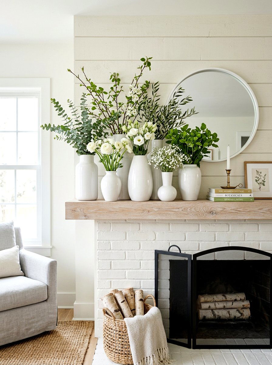 White Ceramic Vase - 25 Spring Cottage Mantel Ideas