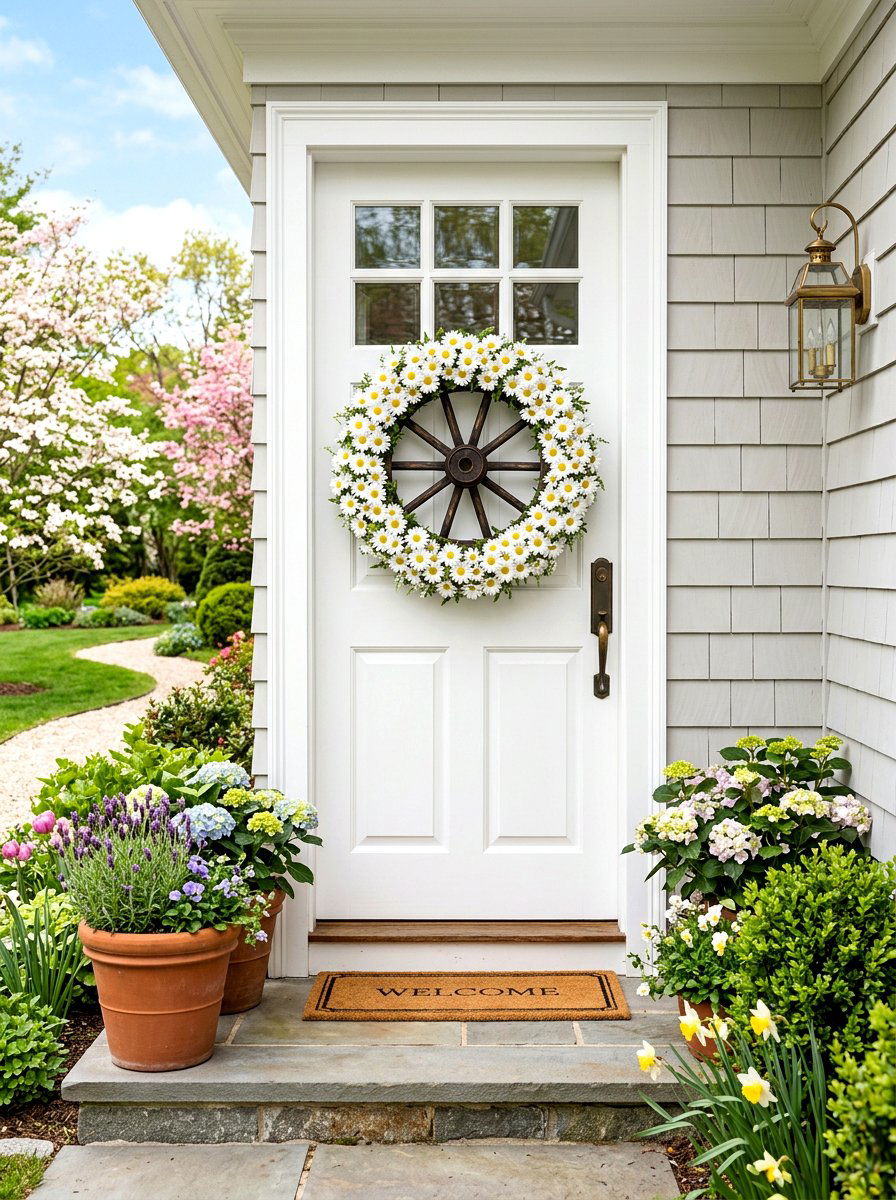 White Daisy Wagon Wheel - 25 Spring Wagon Wheel Wreath Ideas