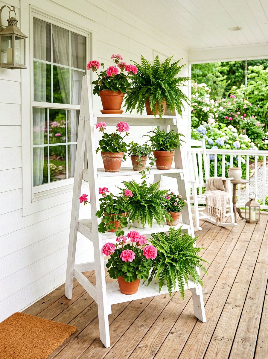White Farmhouse Plant Ladder - 25 Spring Garden Ladder Display Ideas