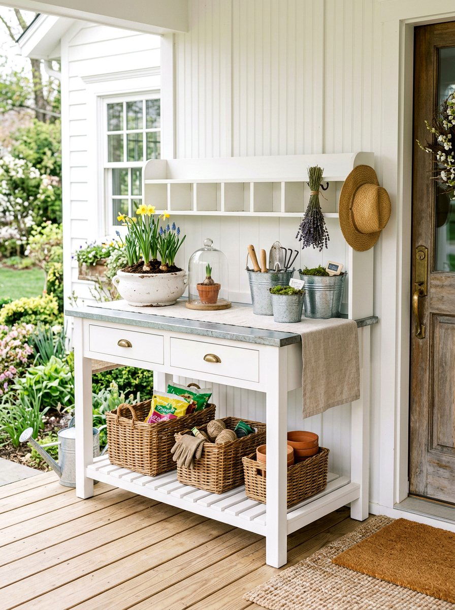 White Farmhouse Potting Table - 25 Spring Potting Bench Decor Ideas