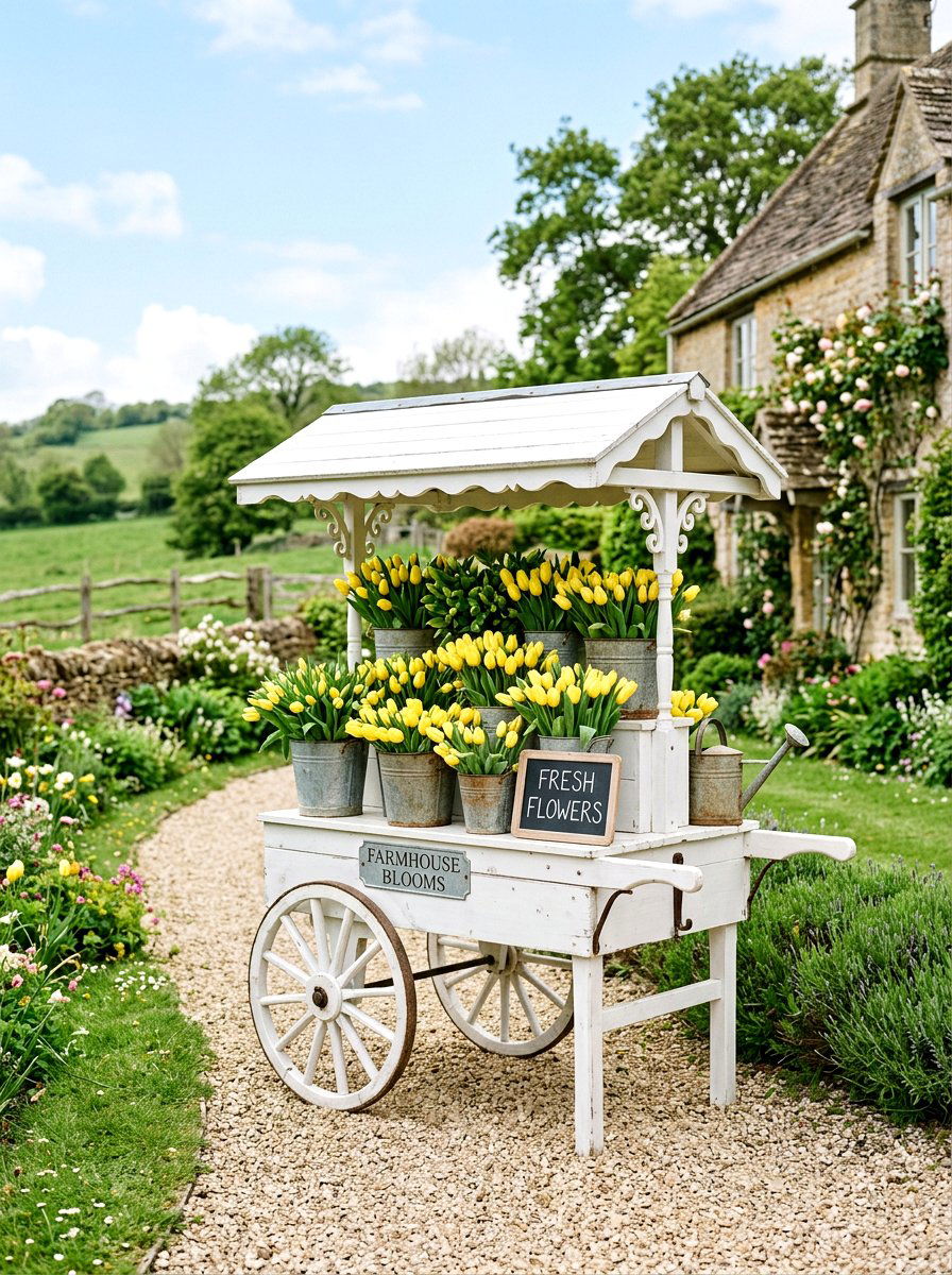 White Farmhouse Style Flower Cart - 25 Spring Garden Cart Display Ideas