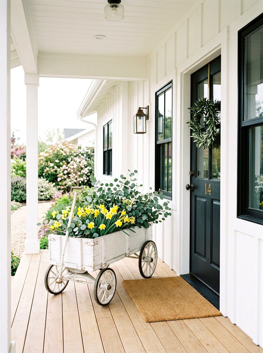 White Farmhouse Wagon - 25 Spring Porch Wagon Decor Ideas