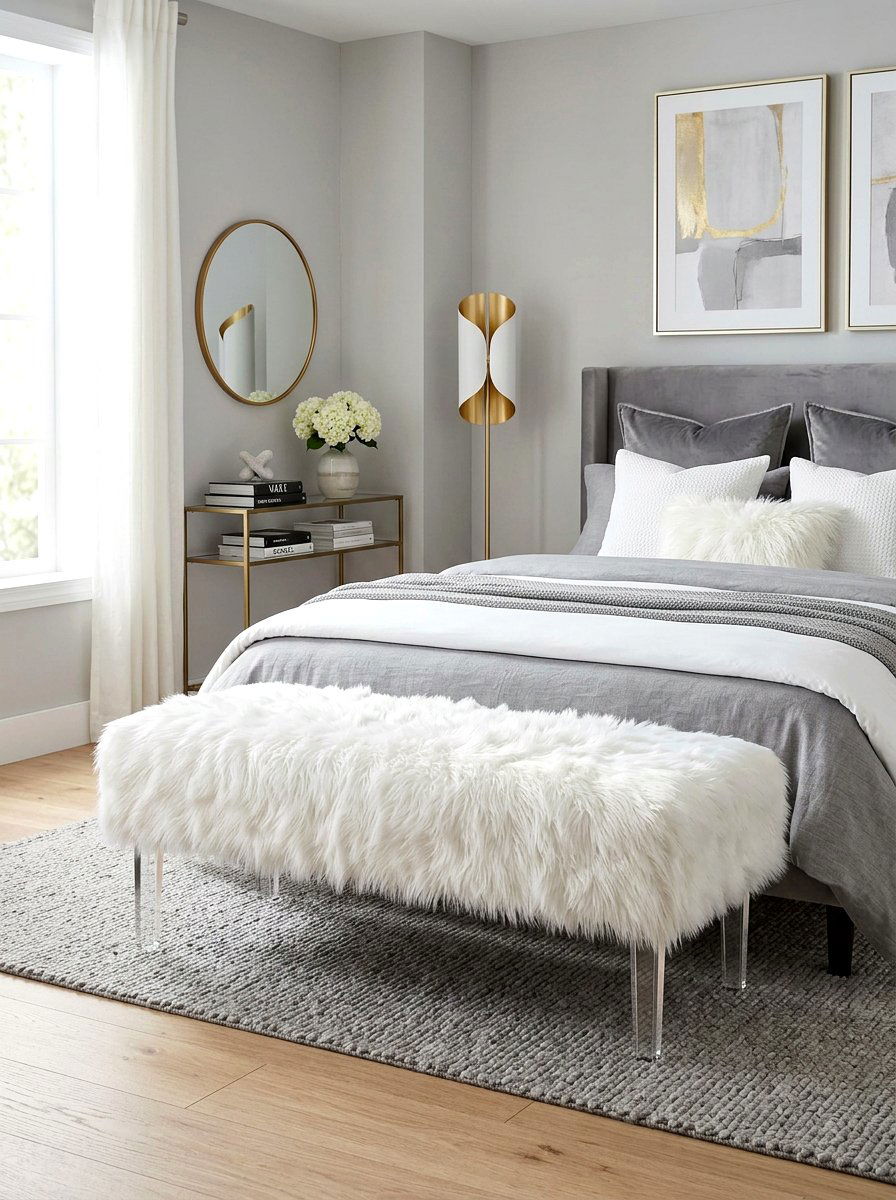 White Faux Fur Bench - 25 Spring Bedroom Bench Ideas