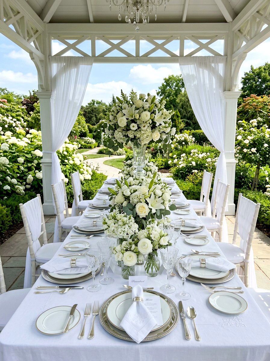 White Floral Table - 25 Spring Gazebo Table Decor Ideas