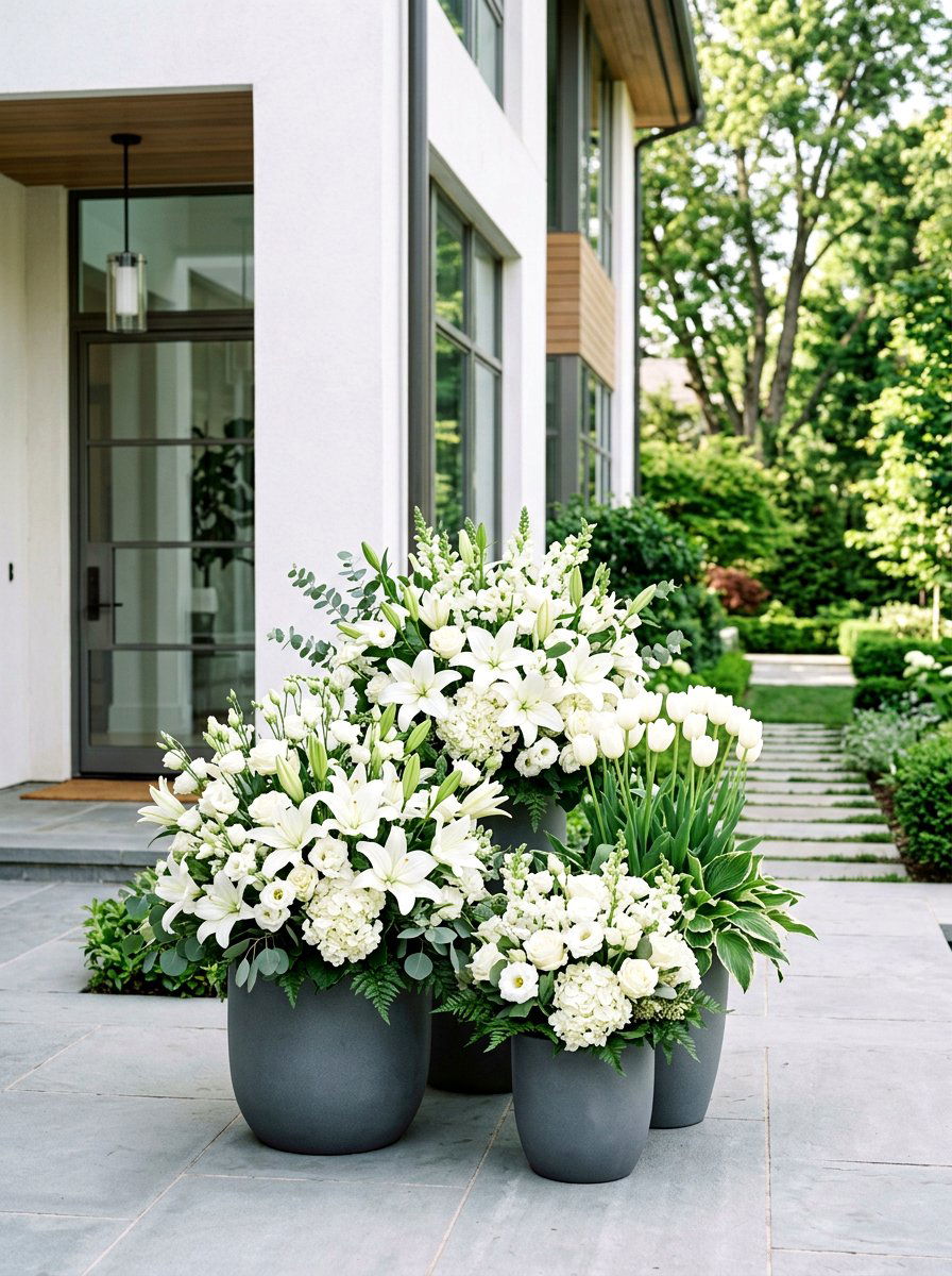 White Flower Monochrome Display - 25 Spring Curbside Planter Ideas