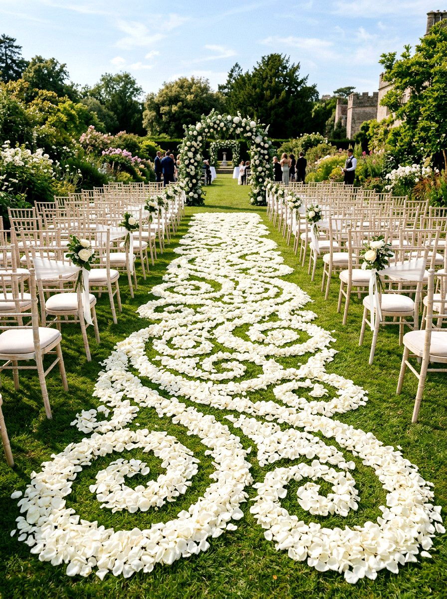 White Flower Petal Runner - 25 Spring Wedding Aisle Decor Ideas