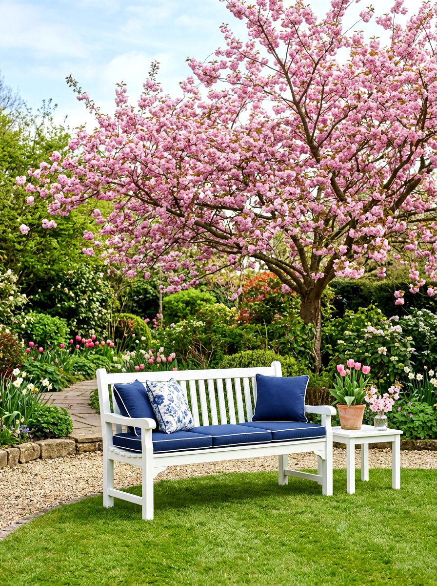 White Garden Bench Display - 25 Spring Outdoor Bench Decor Ideas