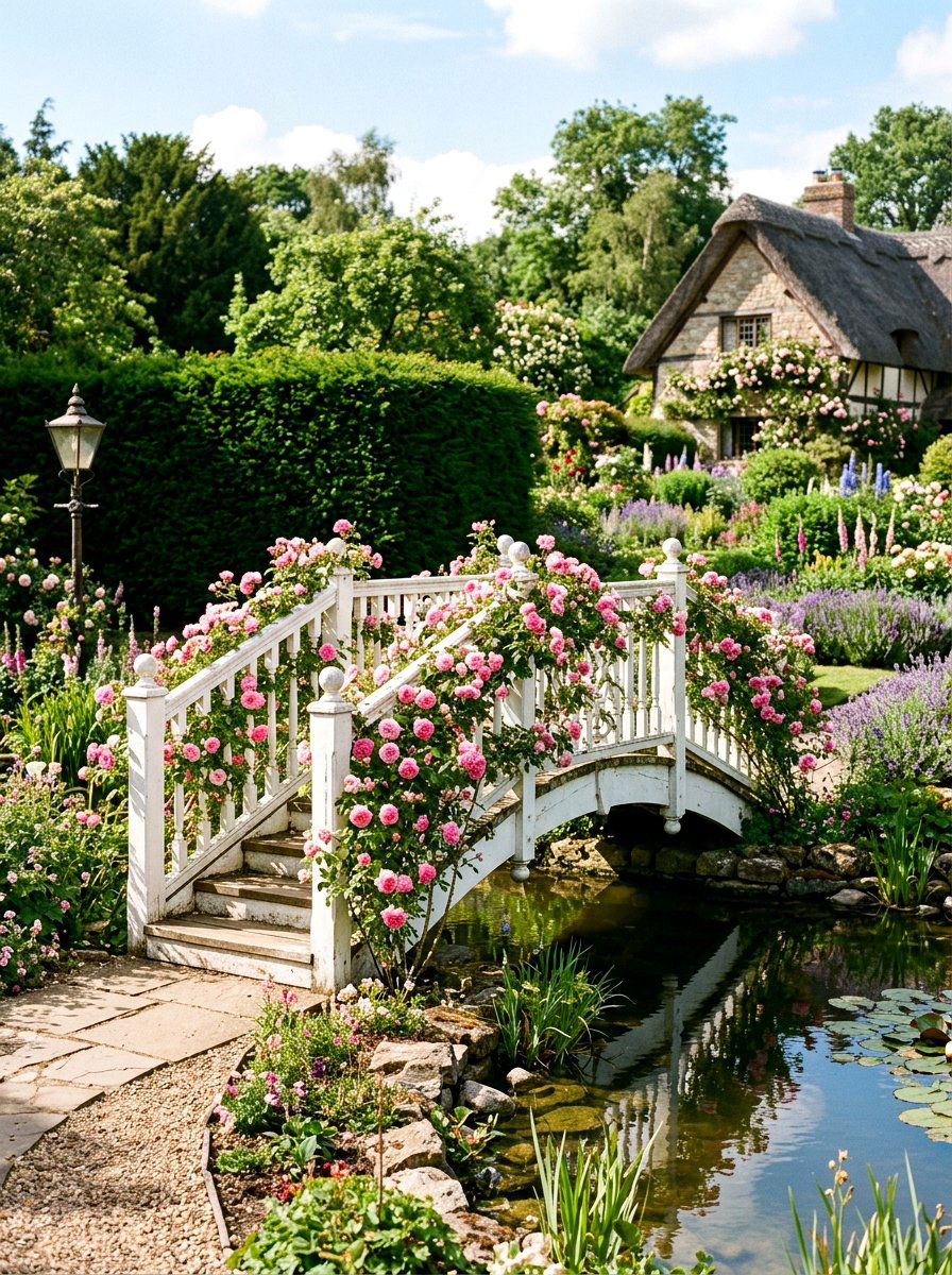 White Garden Bridge Climbing Roses - 25 Spring Garden Bridge Decor Ideas