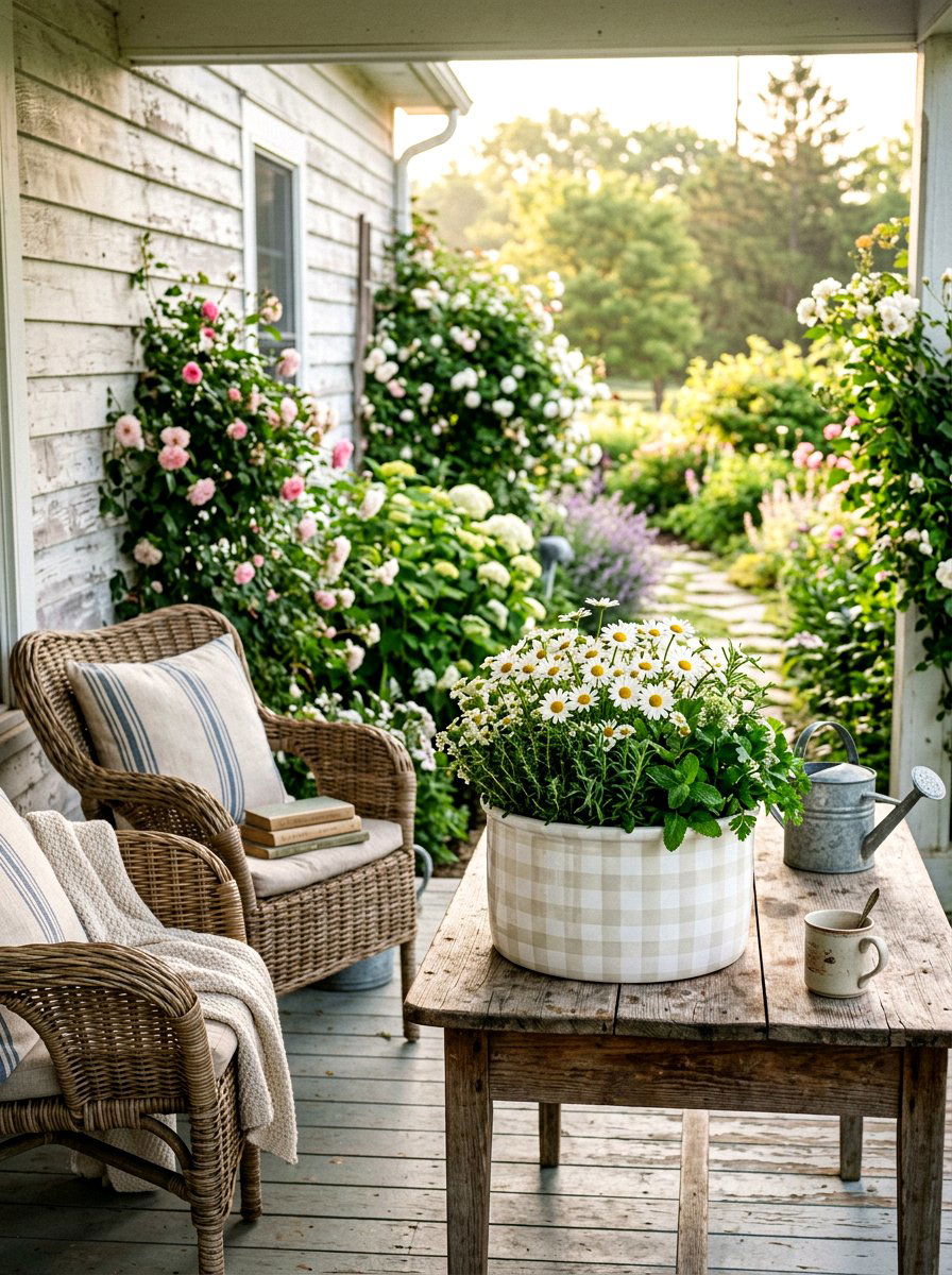 White Gingham Planter - 25 Spring Painted Pot Ideas