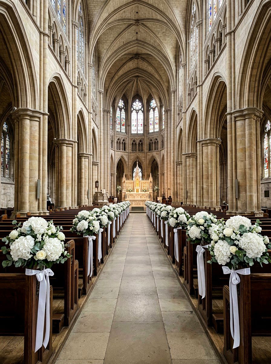 White Hydrangea Aisle Decor - 25 Spring Wedding Pew Decor Ideas
