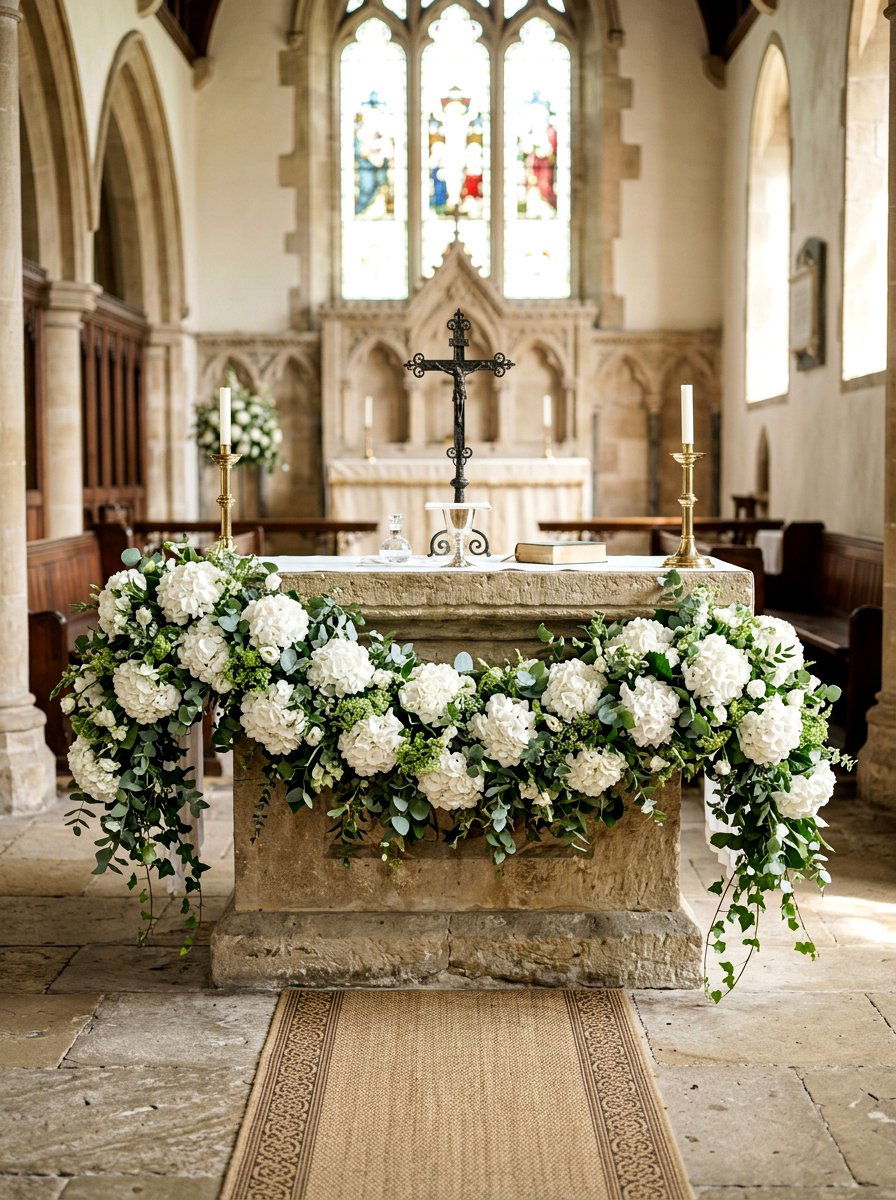 White Hydrangea Altar Garland - 25 Spring Altar Flower Ideas