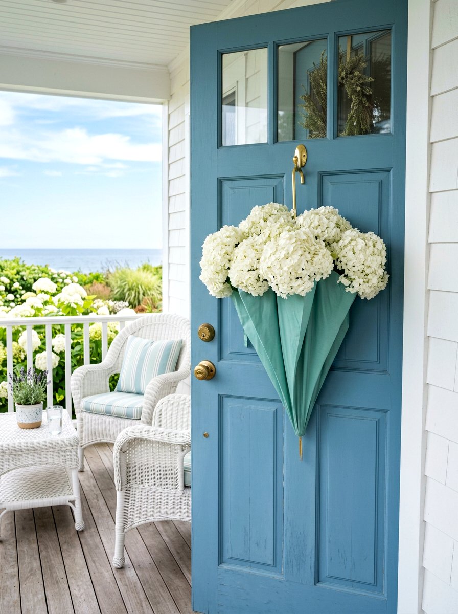 White Hydrangea Umbrella - 25 Spring Umbrella Door Decor Ideas