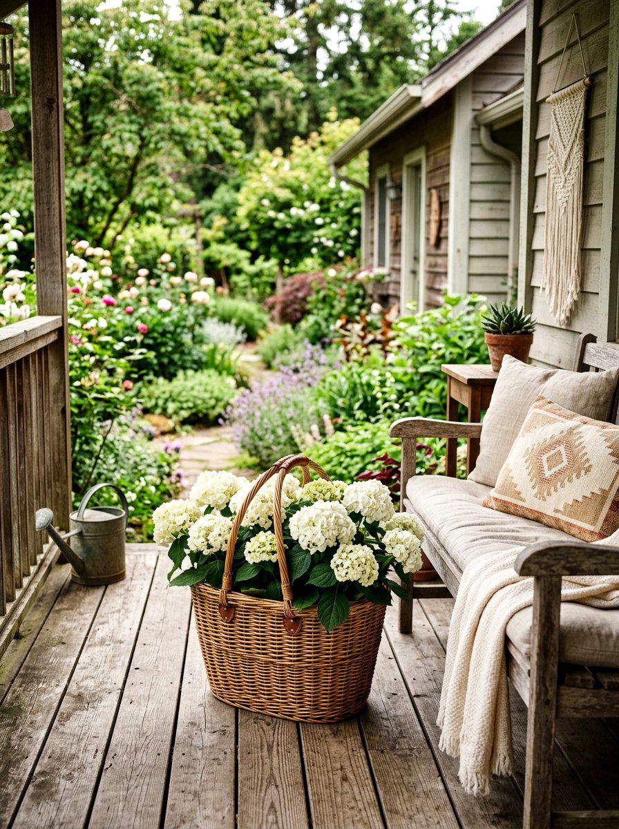 White Hydrangea Wicker Basket - 25 Spring Hydrangea Planter Ideas