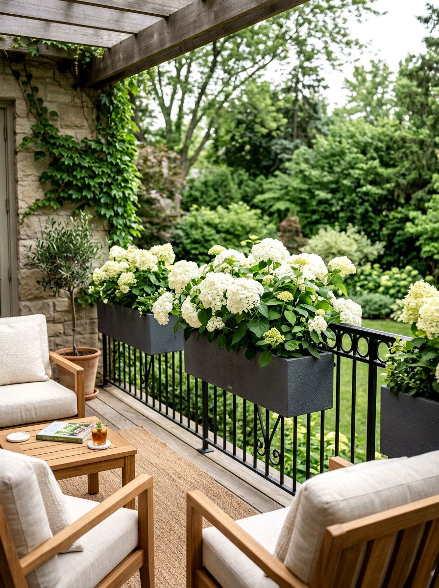 White Hydrangeas In Boxes - 25 Spring Balcony Flower Box Ideas
