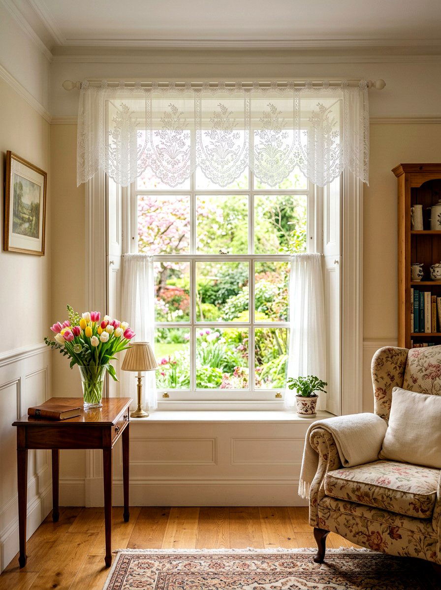 White Lace Window Valance - 25 Spring Window Frame Decor Ideas