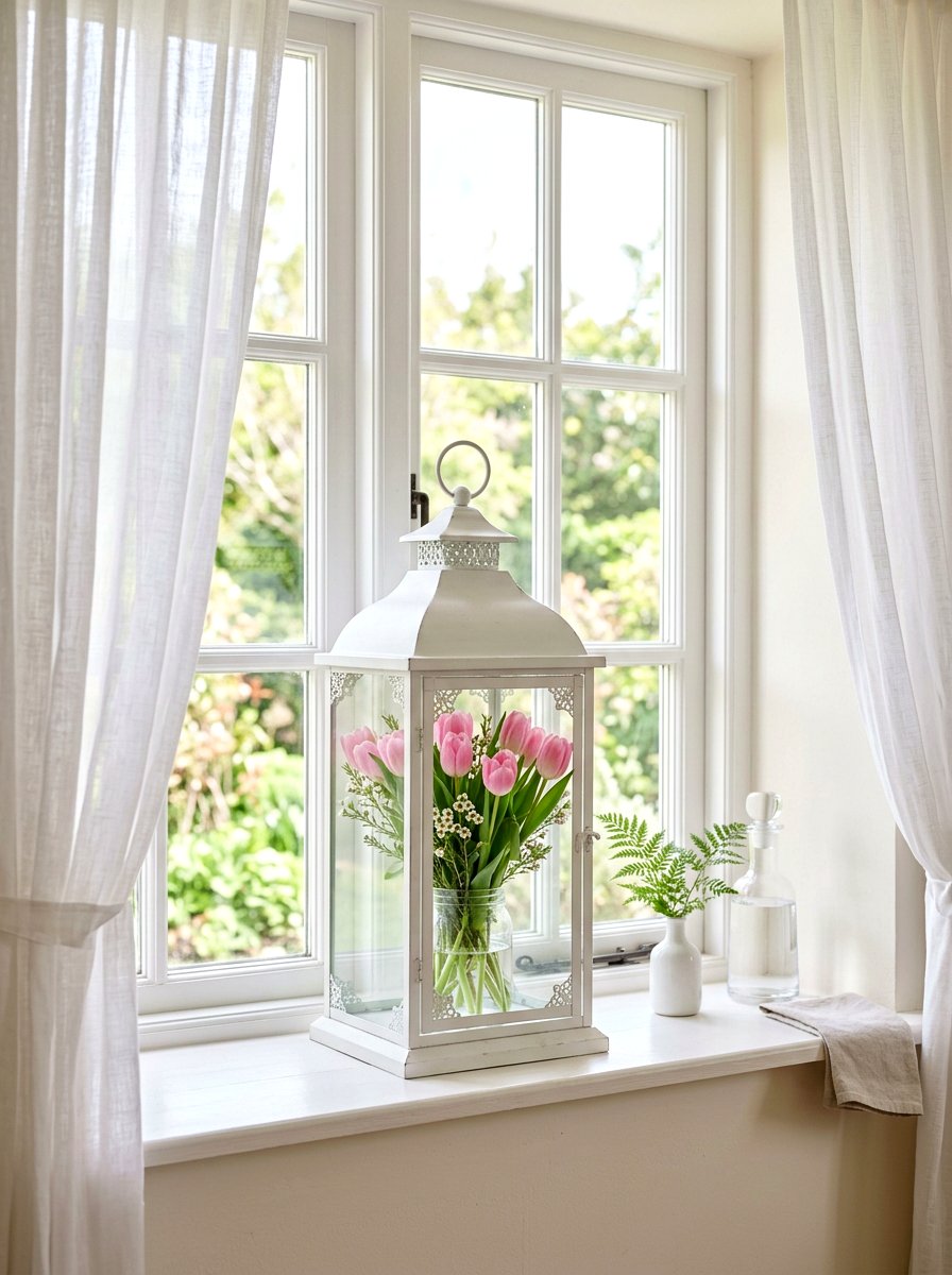 White Lantern With Pink Tulips - 25 Spring Lantern Decor Ideas