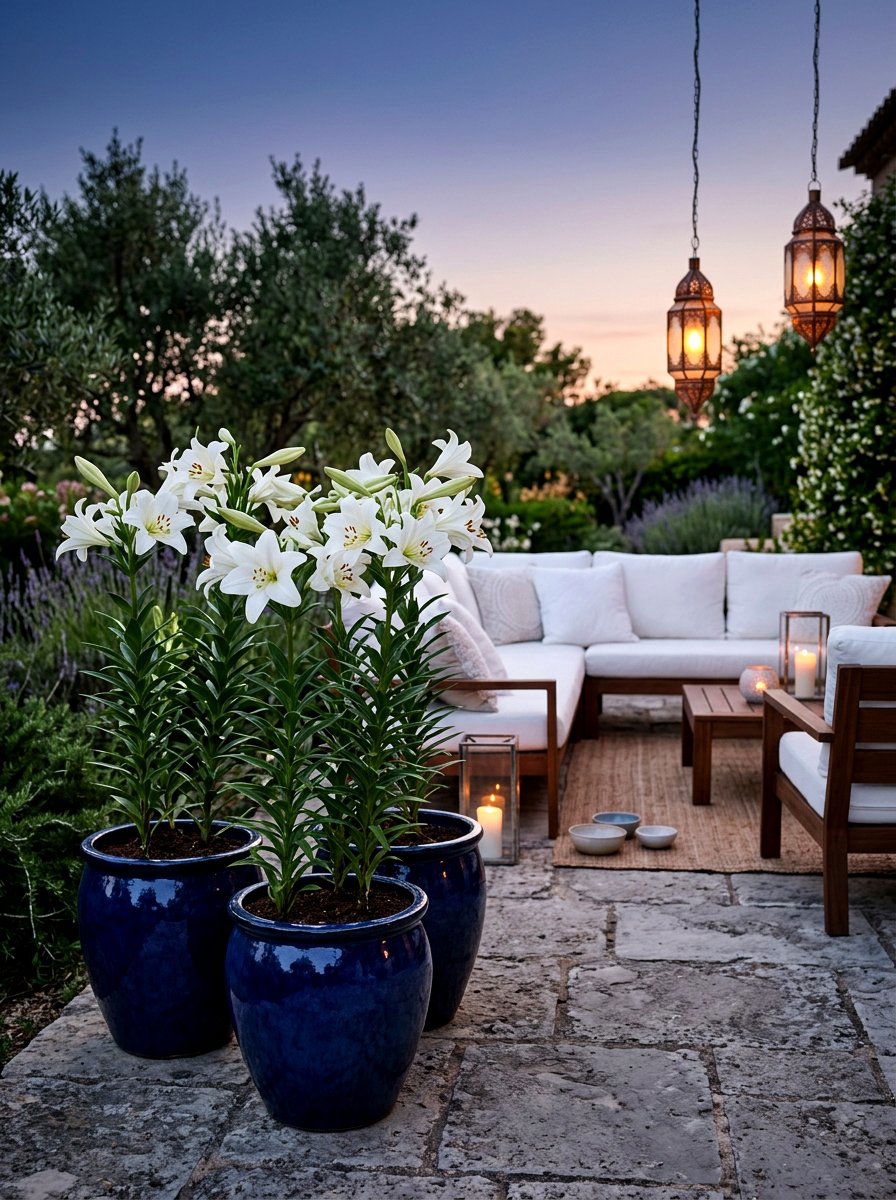 White Lily Ceramic Pots - 25 Spring Patio Planter Arrangement Ideas