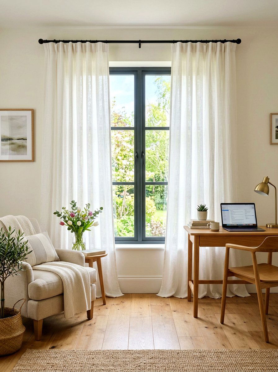 White Linen Curtains - 25 Spring Home Office Decor Ideas