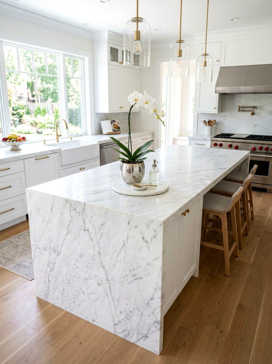 White Marble Island Spring Minimalist - 25 Spring Kitchen Island Decor Ideas