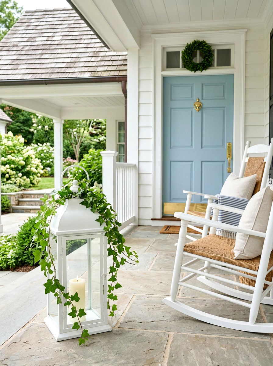 White Metal Lantern With Greenery - 25 Spring Porch Lantern Ideas