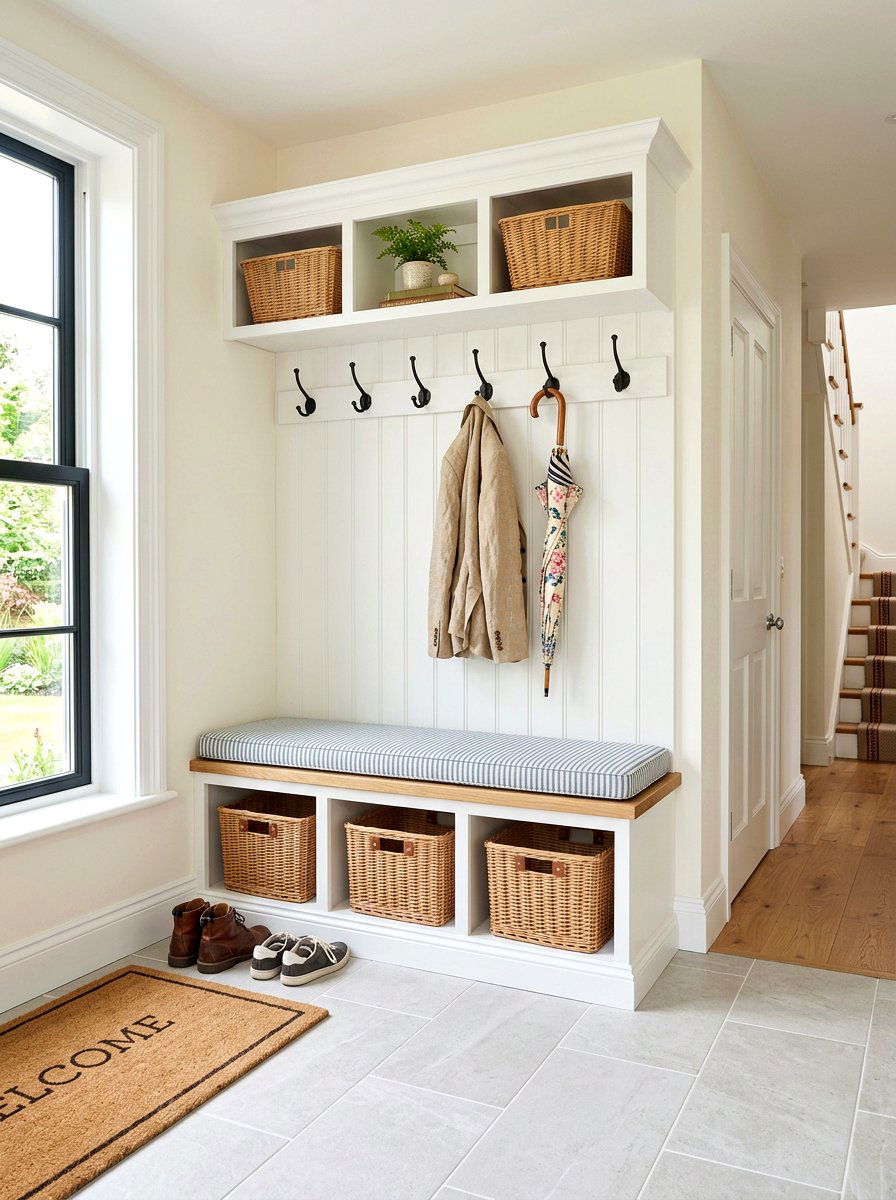 White Mudroom Beadboard Bench - 25 Spring Beadboard Decor Ideas