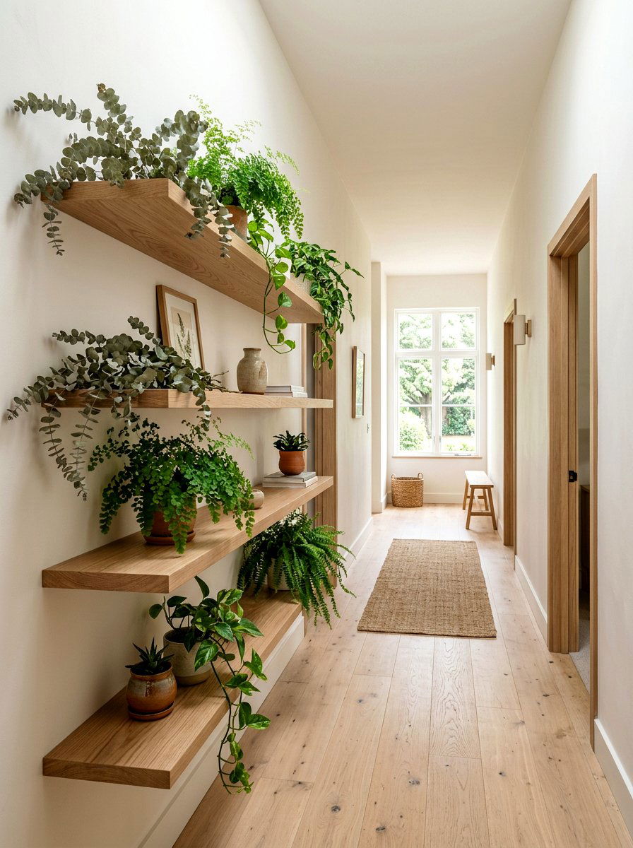 White Oak Shelf With Greenery - 25 Spring Floating Shelf Decor Ideas