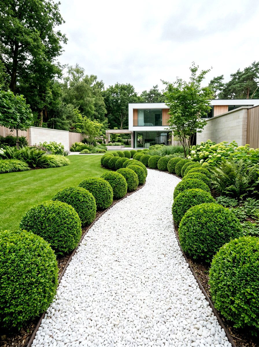 White Pebble Path Boxwood - 25 Spring Garden Pathway Decor Ideas
