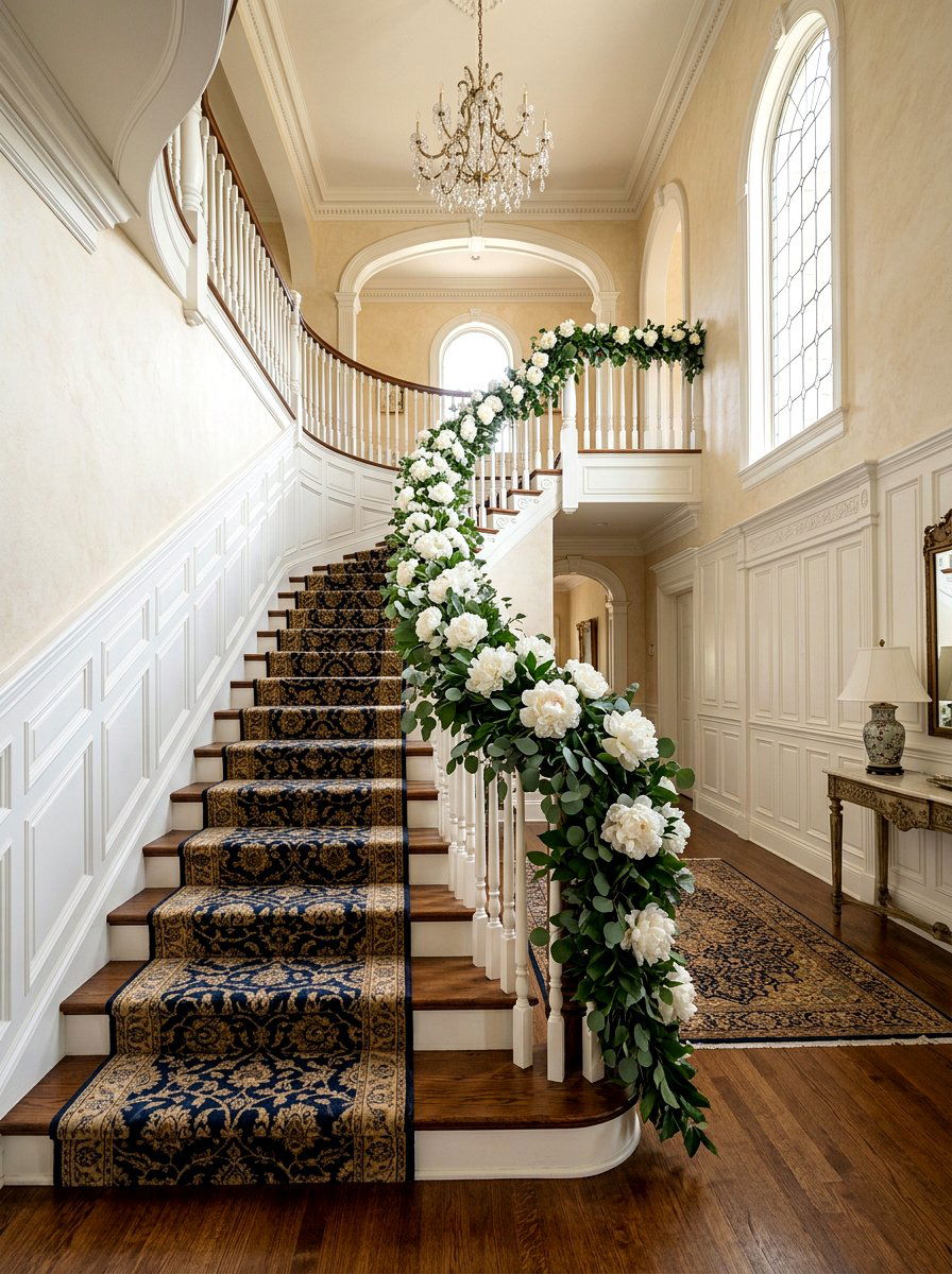 White Peony Banister - 25 Spring Stair Railing Decor Ideas