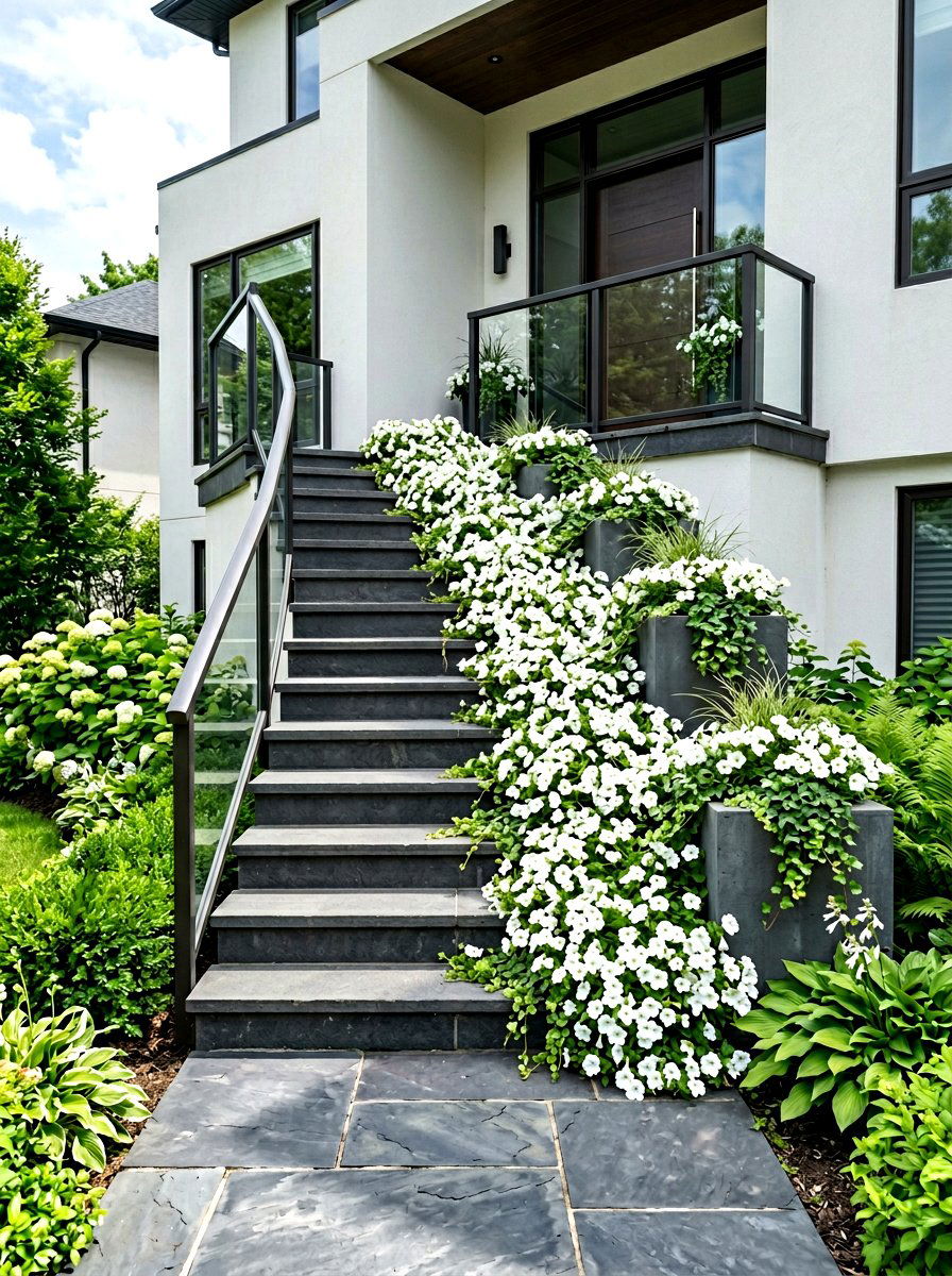 White Petunia Porch Stair - 25 Spring Porch Step Decor Ideas