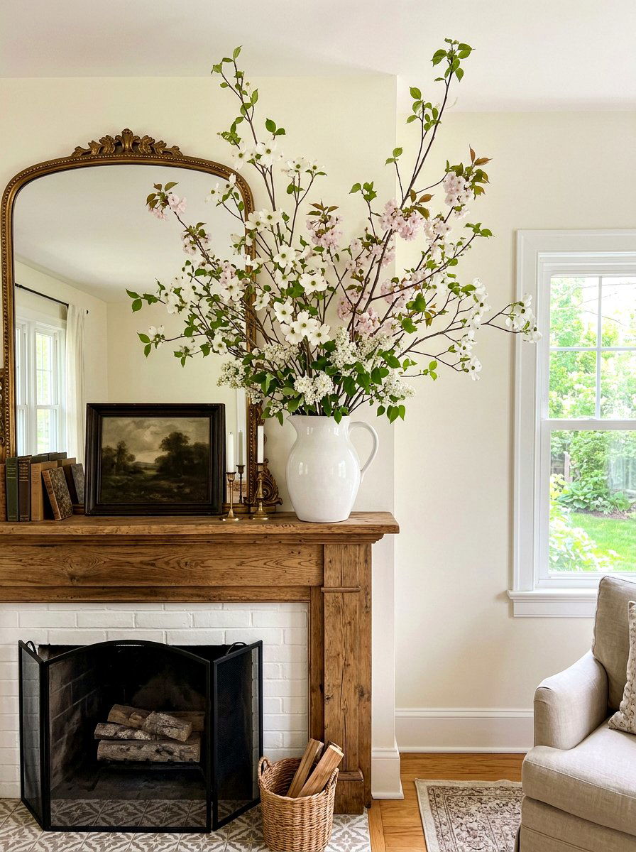 White Pitcher Arrangement - 25 Spring Mantel Decor Ideas