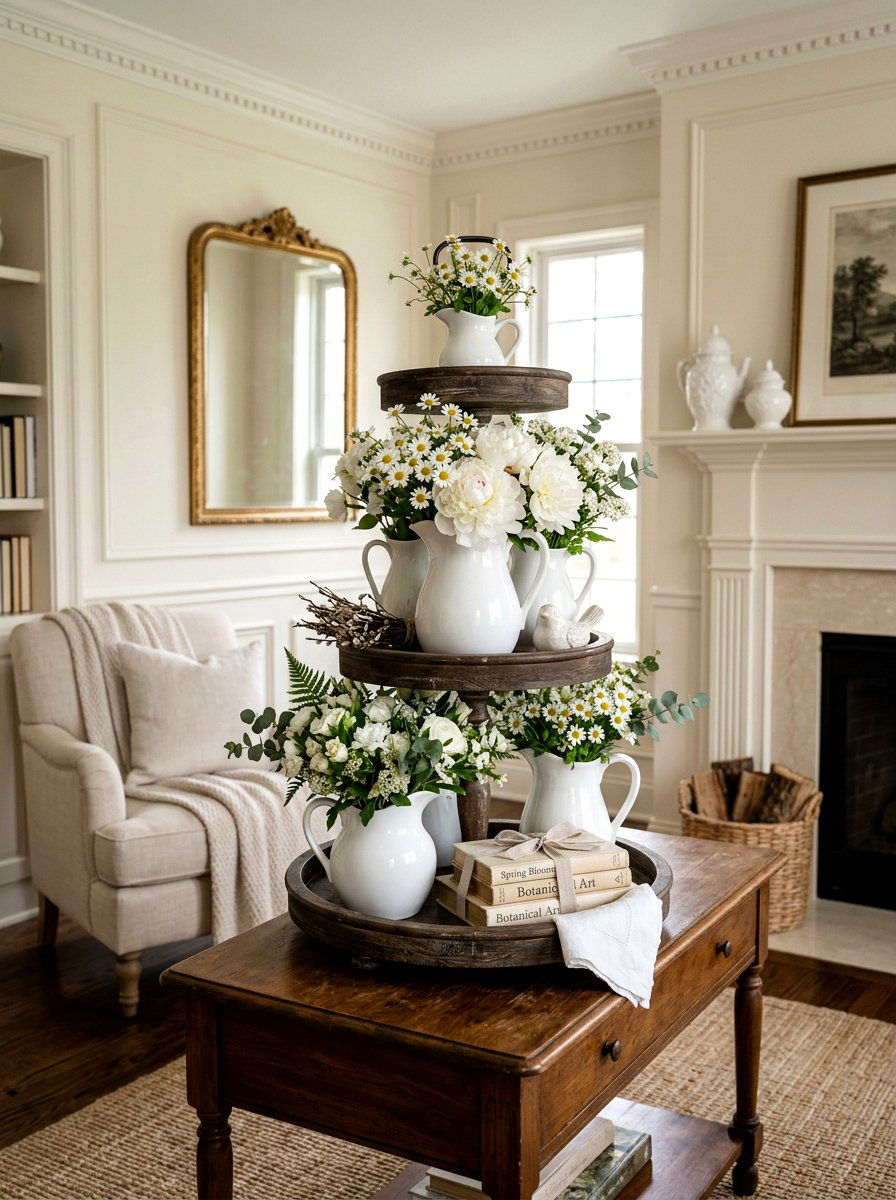 White Pitcher Blooms - 25 Spring Tiered Tray Decor Ideas